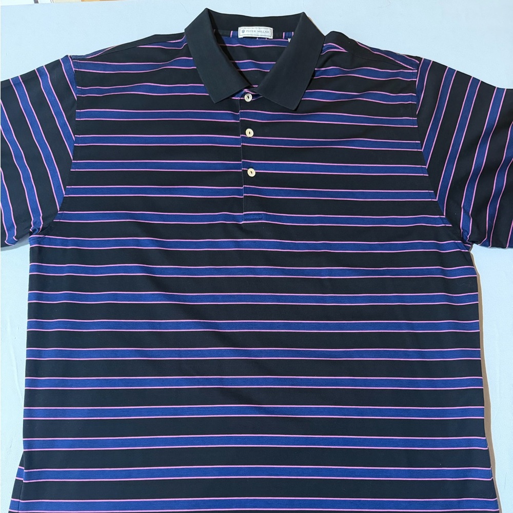 Peter Millar Bandon Dunes Golf Polo Striped Shortsleeved Shirt Black-Blue- XL
